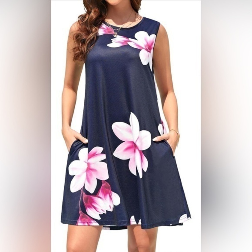 Women's Summer Floral Sleeveless Navy Dress Damask Print T-Shirt With Pockets L
